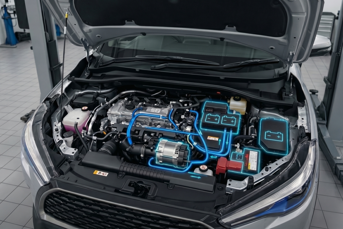 Visual diagram of a mild hybrid car engine bay, highlighting blue electrical wiring and internal batteries