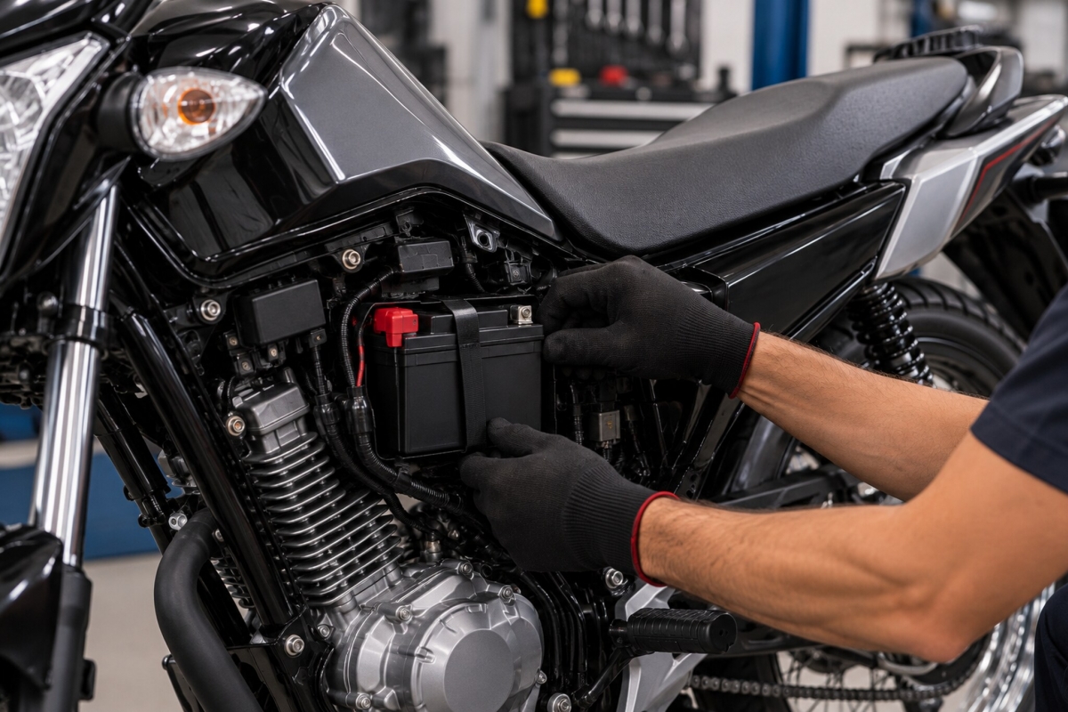 Honda CG 160 com destaque para a bateria selada da motocicleta