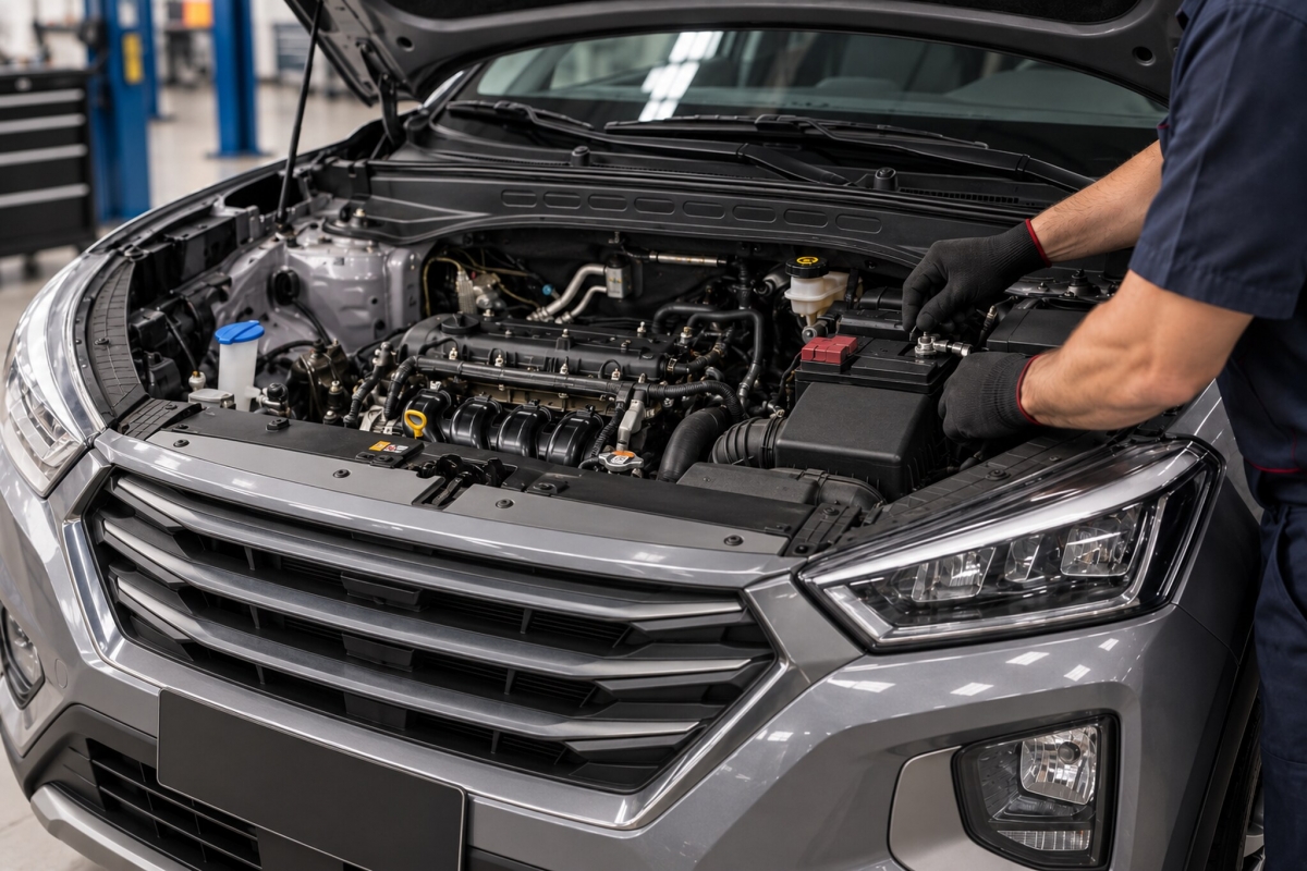 Hyundai Creta com cap&ocirc; aberto mostrando a bateria automotiva